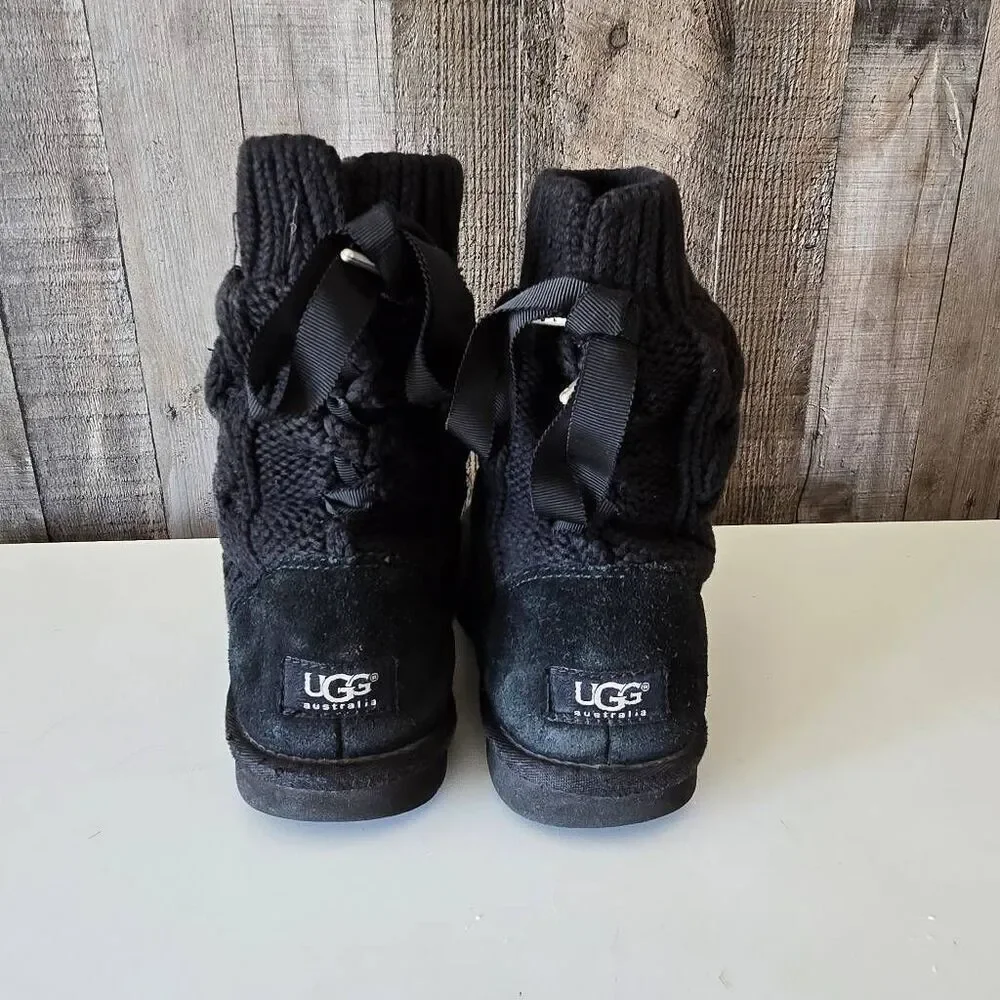 UGG Isla Cable Knit Weave Lace Black Boots 1008840 Womens Size 6